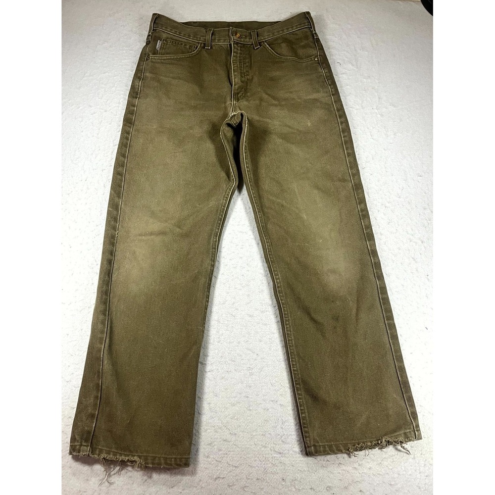 Y2K Carhartt Work Jeans Men 30x30 Olive Denim Frayed Hem Distressed Straight Leg